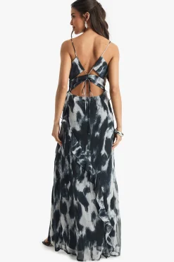 Abstract Crinkle Chiffon Ruffle Maxi Dress