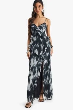 Abstract Crinkle Chiffon Ruffle Maxi Dress