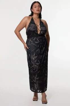 KarenMillen Amelia Graham Robe Colonne Tissée Grande Taille avec Détails en Lacets Burnout<Femme Toutes Les Robes|Robes Mi-Longues