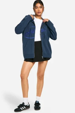 boohoo Athletics Sweat à capuche tricoté surdimensionné à fermeture éclair avec broderie<Femme Pulls Et Gilets|Toutes Les Mailles