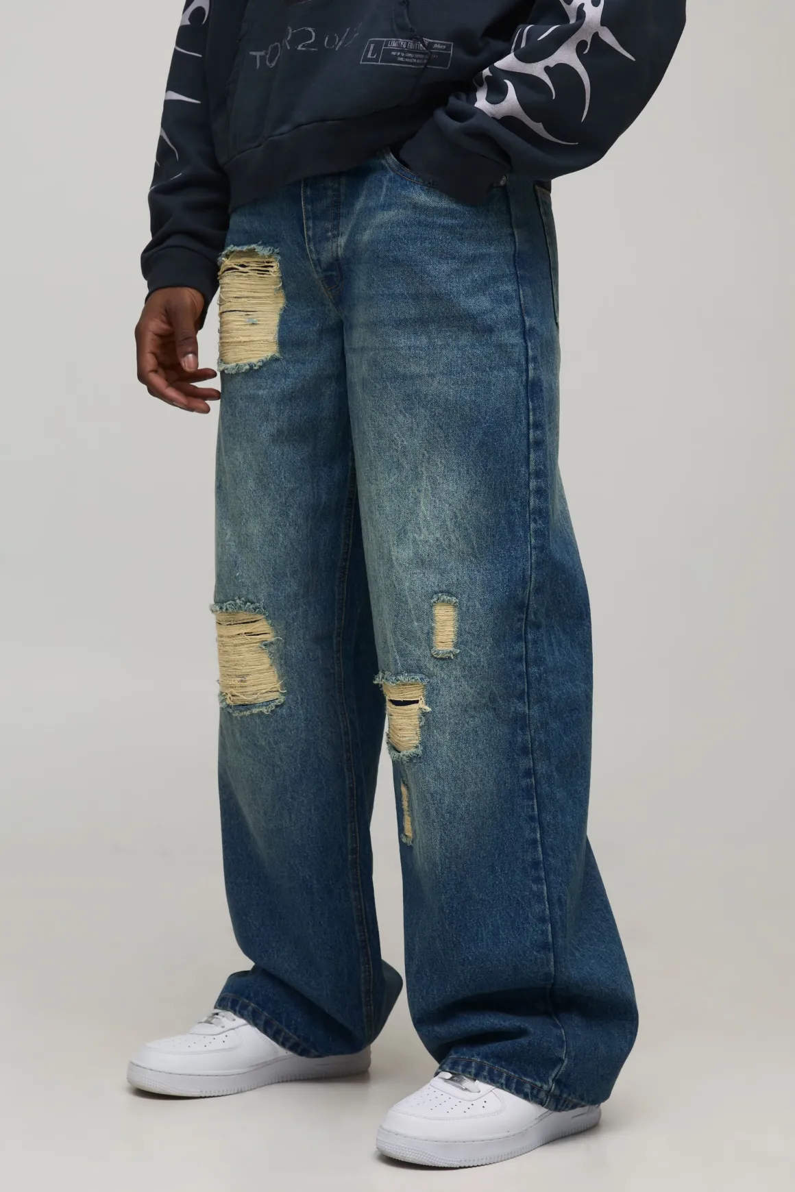 Baggy Fit Stacked Washed Ripped Jeans