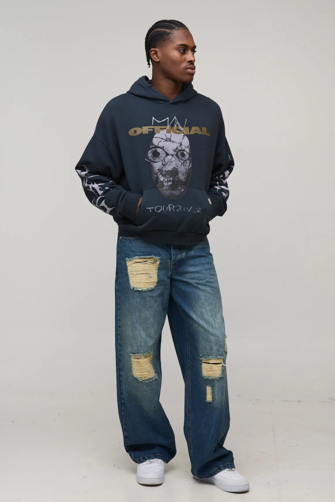 Baggy Fit Stacked Washed Ripped Jeans