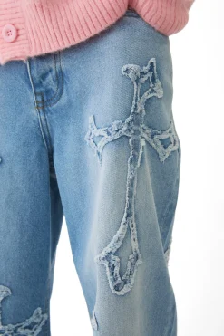 Baggy Rigid Washed Blue Cross Applique Jeans