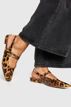 boohoo Ballerines Mary Jane en cuir verni à double bride, coupe large< Imprimé Léopard|Chaussures Plates