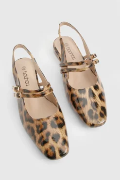 boohoo Ballerines Mary Jane en cuir verni à double bride, coupe large< Imprimé Léopard|Chaussures Plates