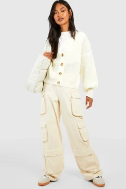 Balloon Sleeve Button Through Rib Cardigan