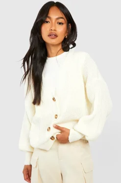 Balloon Sleeve Button Through Rib Cardigan