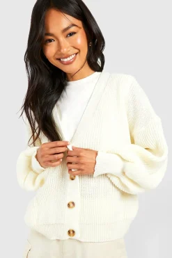 Balloon Sleeve Button Through Rib Cardigan