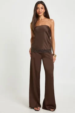 boohoo Bandeau Ample en Satin avec Contraste de Dentelle<Femme Looks Chocolat|Satin Et Dentelle