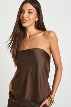 boohoo Bandeau Ample en Satin avec Contraste de Dentelle<Femme Looks Chocolat|Satin Et Dentelle