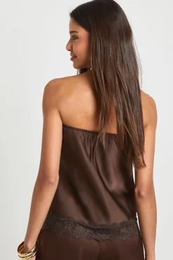 boohoo Bandeau Ample en Satin avec Contraste de Dentelle<Femme Looks Chocolat|Satin Et Dentelle