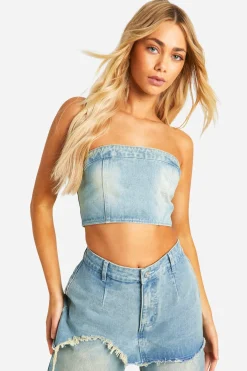 boohoo Bandeau délavé en jean<Femme Denim|Denim