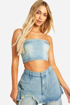boohoo Bandeau délavé en jean<Femme Denim|Denim