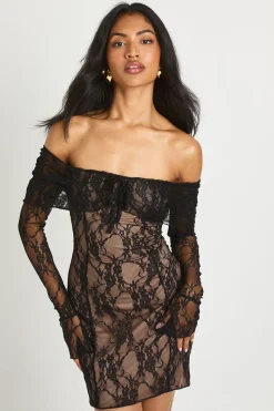 Bardot Robe Mini en Dentelle à Manches Longues