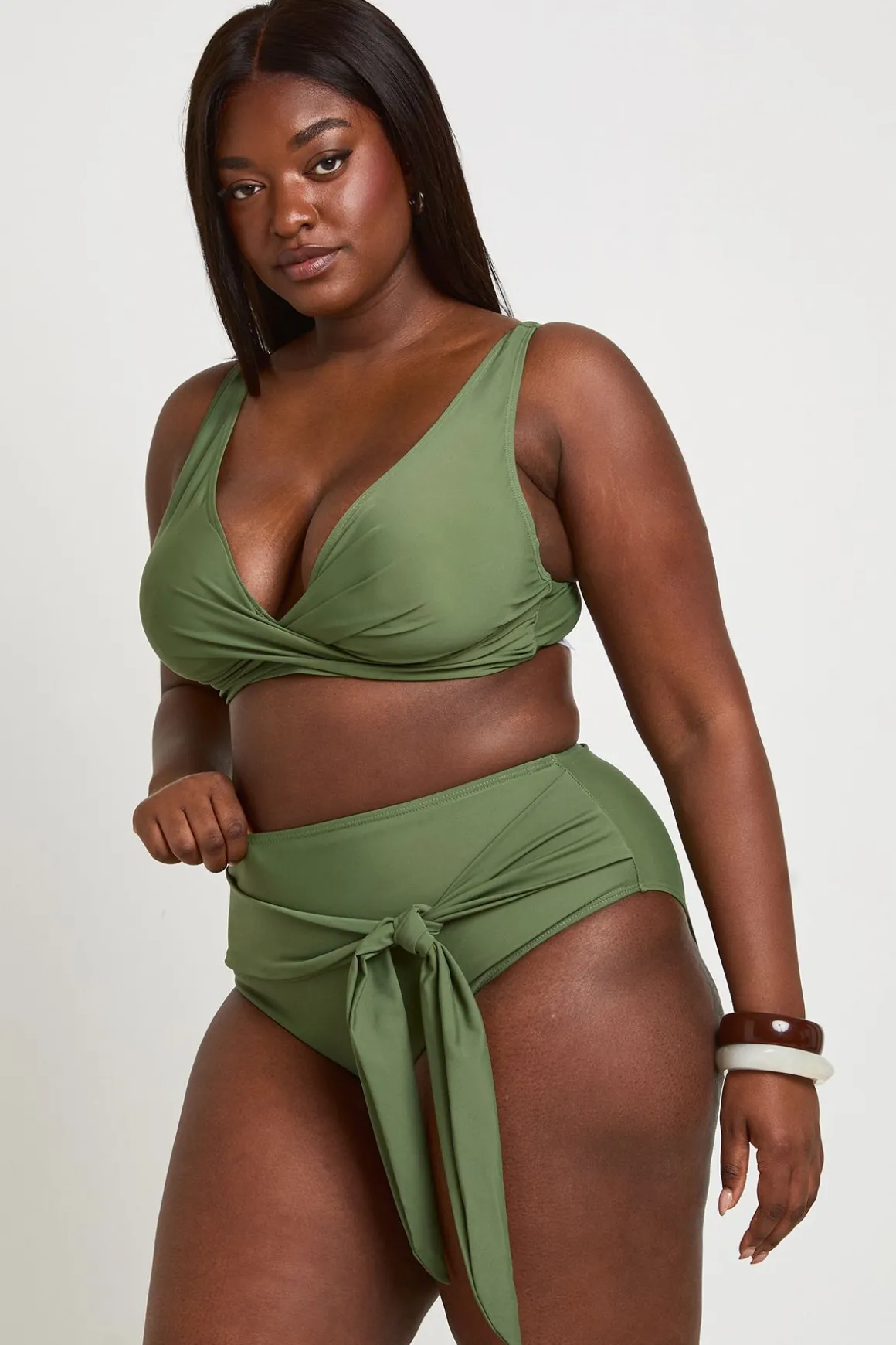 Bas De Bikini Grande Taille Taille Haute Froncé Avec Effet Ventre Plat