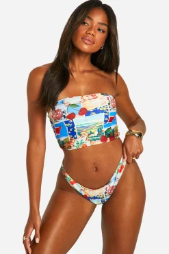 Bas de bikini à jambes hautes imprimé carte postale