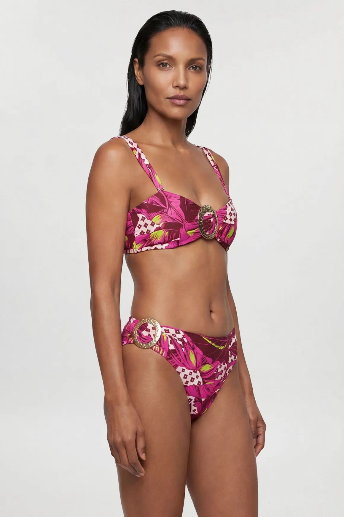 Bas de Bikini à Motif Tropical avec Détails de Finition Métallique