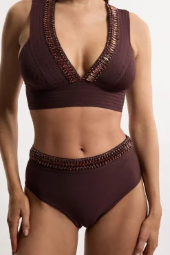 Bas de bikini taille haute avec garniture embellie effet bandage