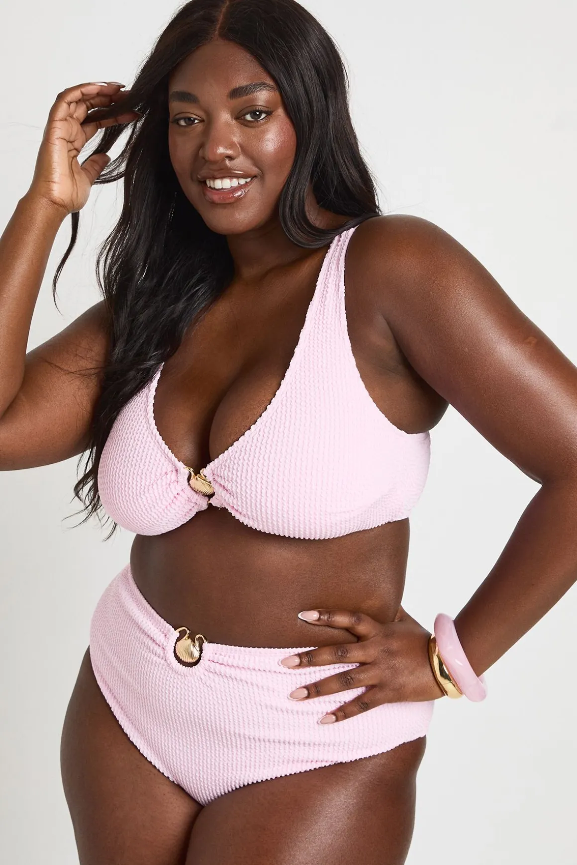Bas De Bikini Taille Haute Grande Taille Avec Détail Coquillage Et Tissu Gaufré