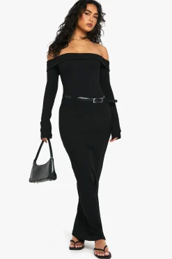 boohoo Basic Rib Bardot Maxi<Femme Basiques|Robes À Manches Longues