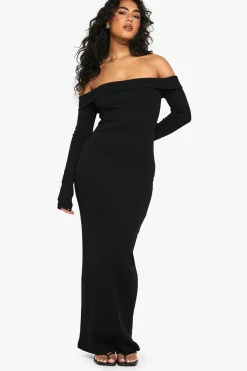 boohoo Basic Rib Bardot Maxi<Femme Basiques|Robes À Manches Longues
