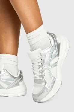 boohoo Baskets dad chunky sportives à bande métallique contrastée< Baskets