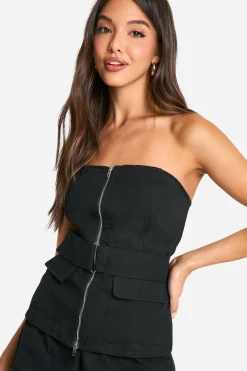 boohoo Belted Bandeau Utility Woven Top<Femme Tops