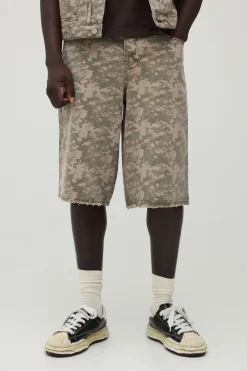 Bermuda En Jean Délavé À Imprimé Camouflage Longueur Allongée
