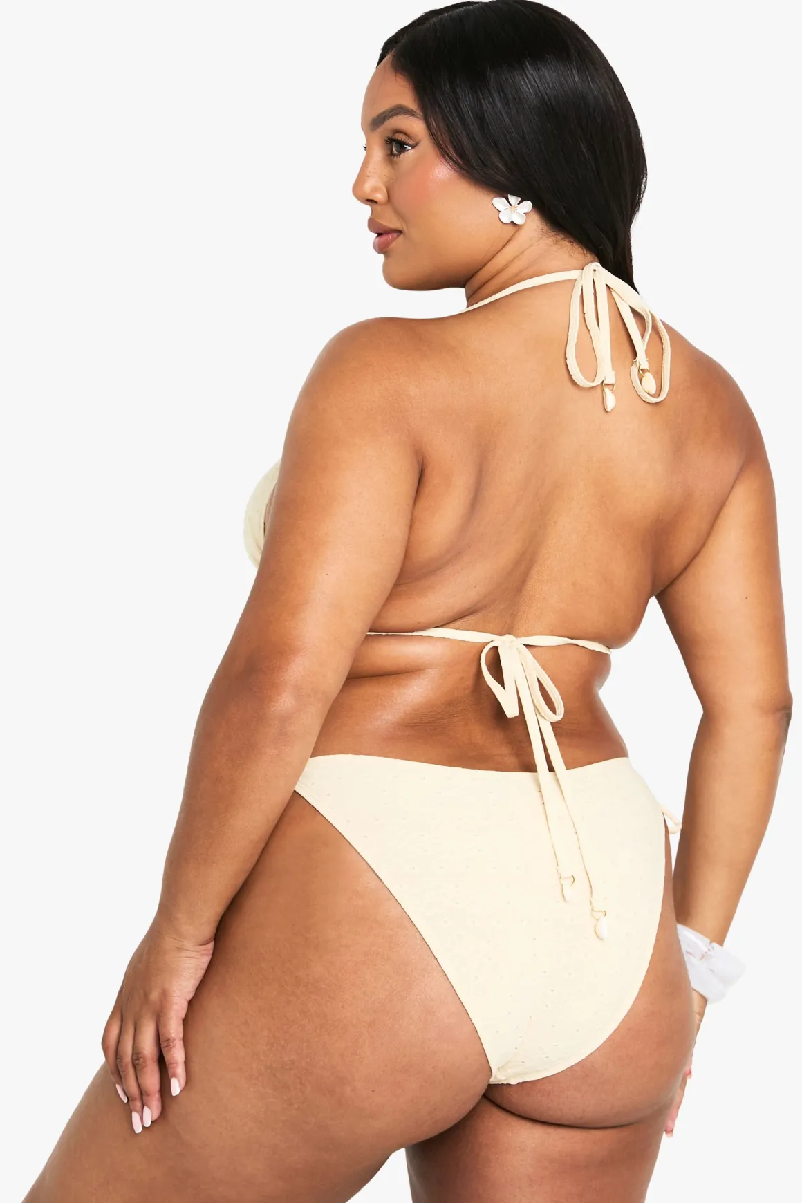 Bikini grande taille à garniture de coquillage, broderie, noué sur le devant, taille haute