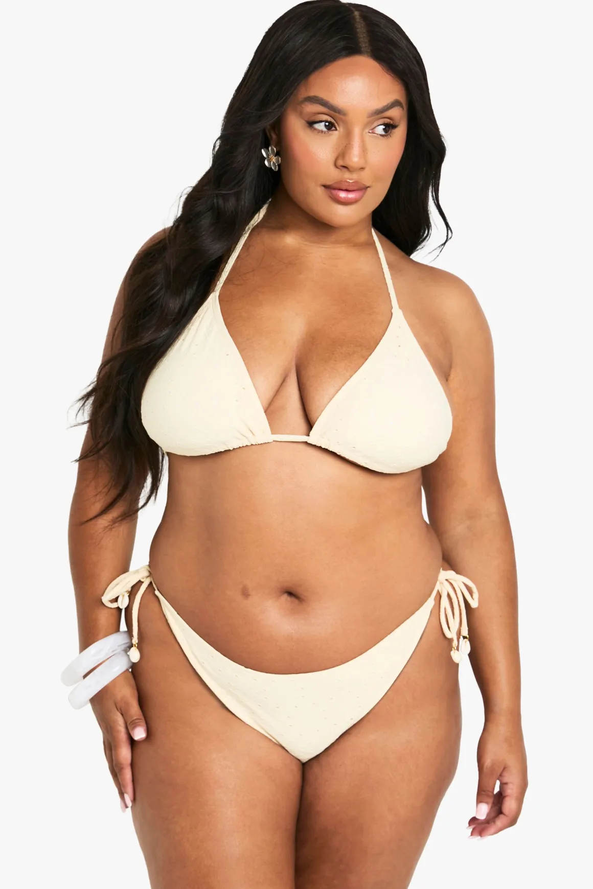 Bikini grande taille à garniture de coquillage, broderie, noué sur le devant, taille haute