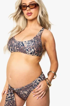 Bikini maternité à col plongeant, taille haute, motif léopard et détail noué