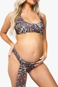 Bikini maternité à col plongeant, taille haute, motif léopard et détail noué