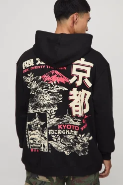 boohooMAN Black Oversized Kyoto Floral Graphic Hoodie<Homme Sweats À Capuche Et Sweatshirts|Sweats À Capuche Grande Taille