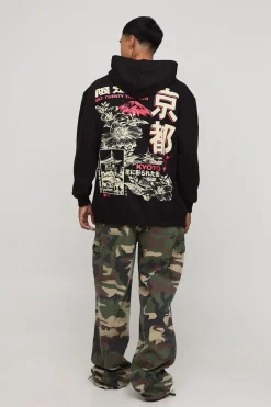 boohooMAN Black Oversized Kyoto Floral Graphic Hoodie<Homme Sweats À Capuche Et Sweatshirts|Sweats À Capuche Grande Taille