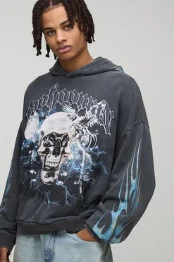 Black Oversized Premium BHM Skull Acid Wash Printed Hoodie