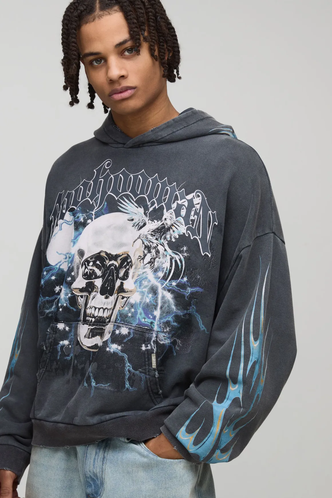 Black Oversized Premium BHM Skull Acid Wash Printed Hoodie