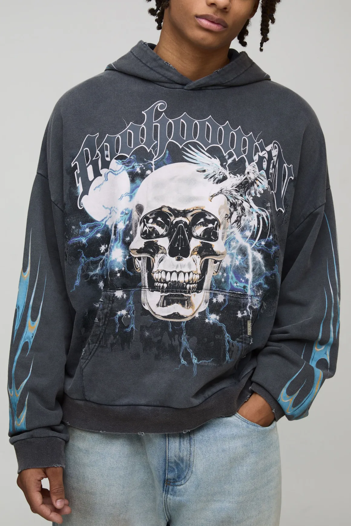 Black Oversized Premium BHM Skull Acid Wash Printed Hoodie