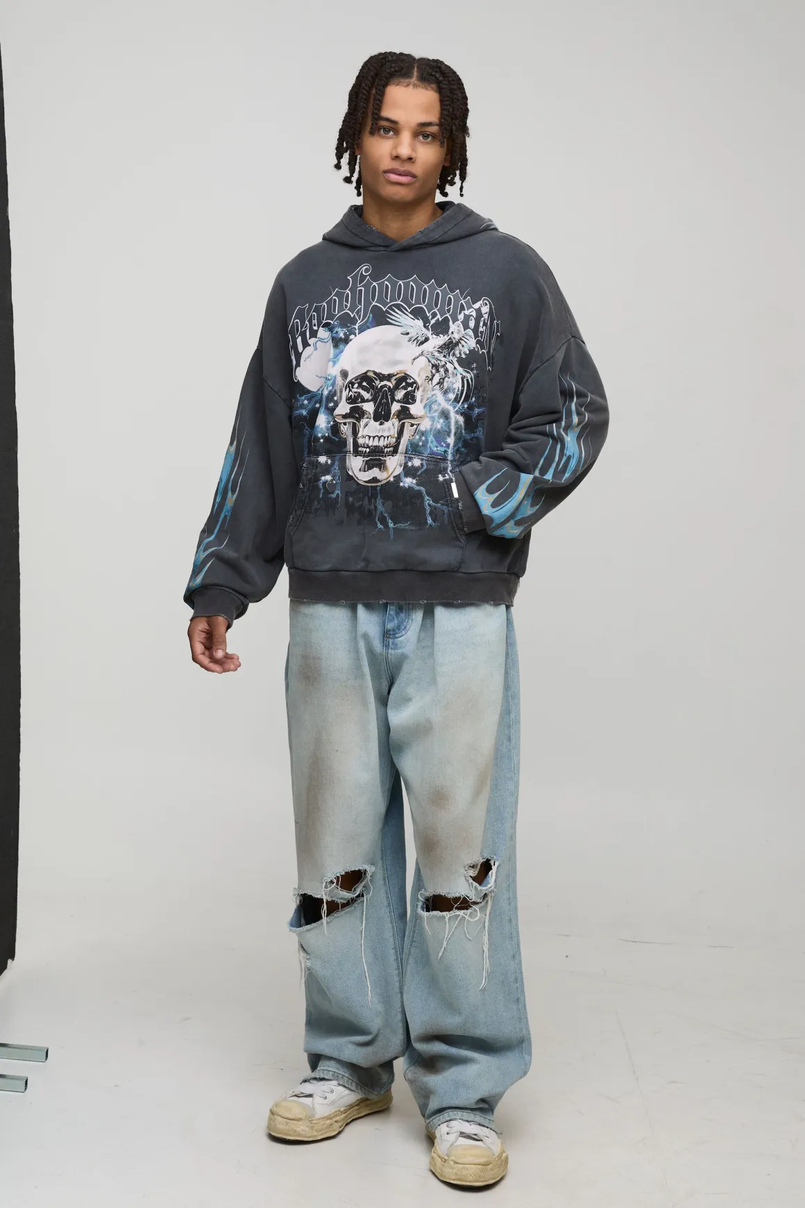 Black Oversized Premium BHM Skull Acid Wash Printed Hoodie