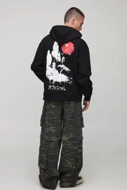 Black Oversized Tokyo Printed Hoodie
