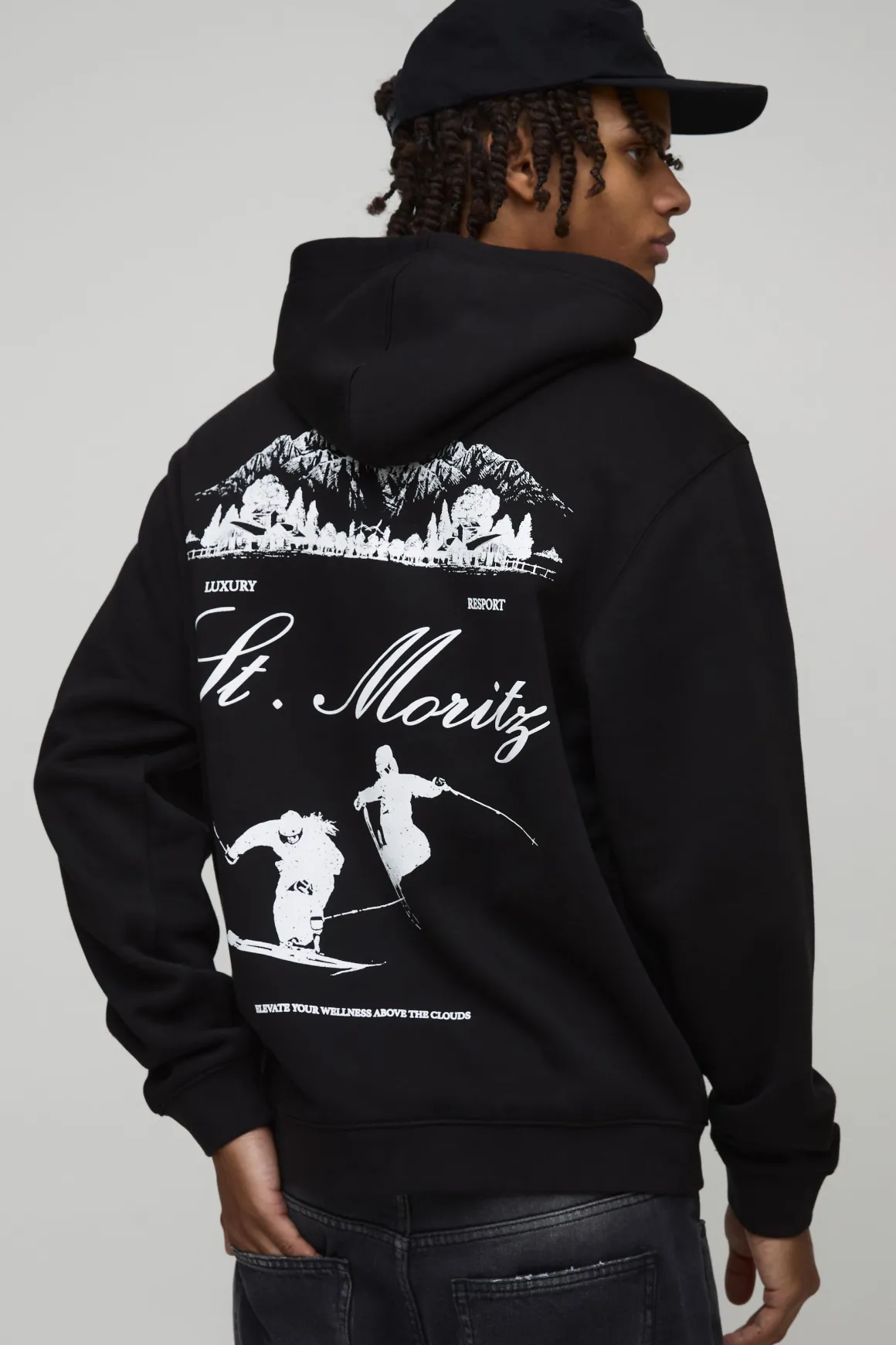 Black Relaxed Fit Mont Blanc Ski Graphic Hoodie