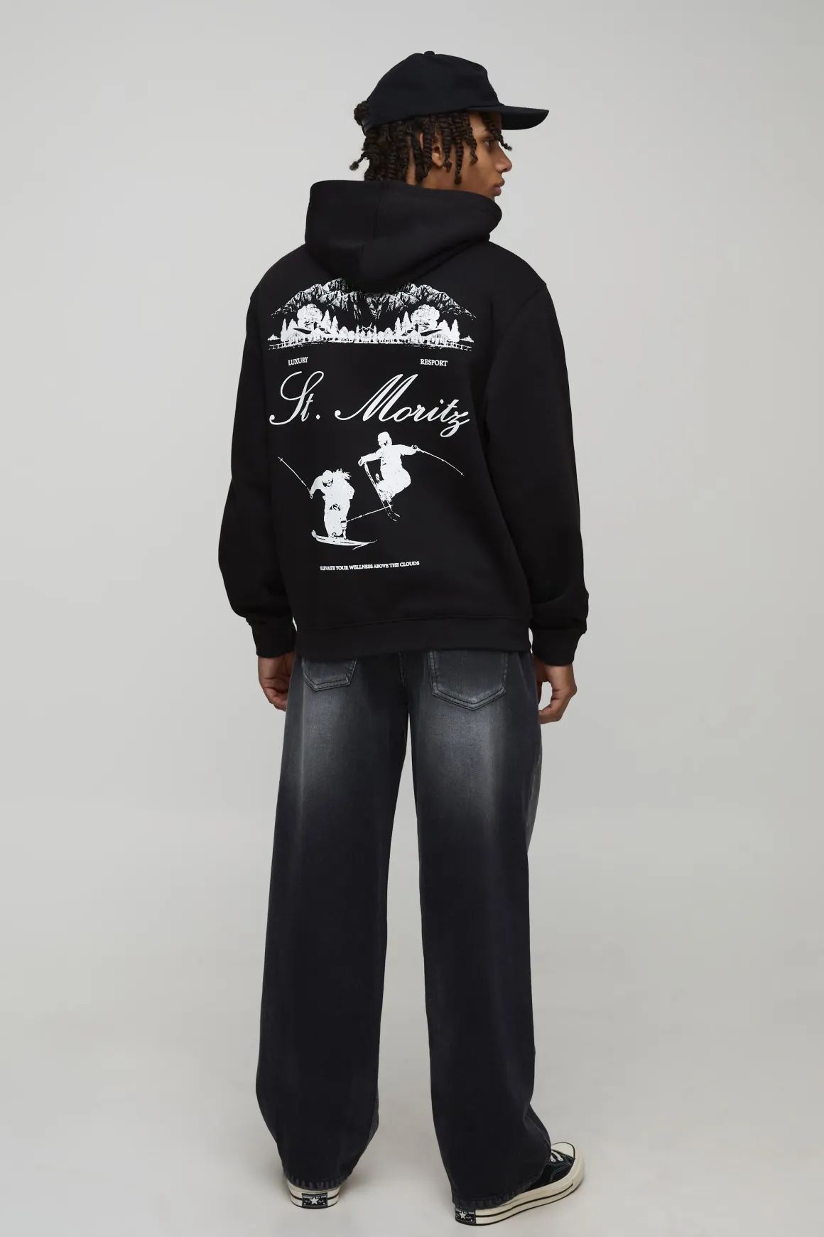 Black Relaxed Fit Mont Blanc Ski Graphic Hoodie