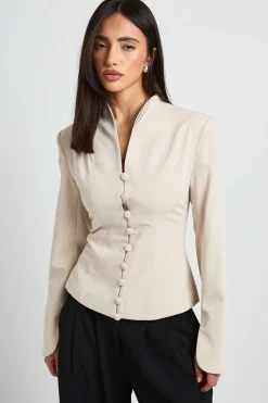 Blazer Ajusté Col Montant Avec Fermeture Boutonnée Et Fentes Aux Poignets