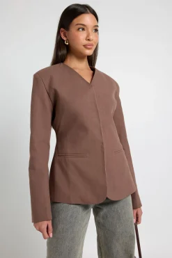 Blazer Ajusté Col V Aspect Lin Premium