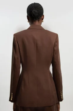 Blazer Ajusté en Lin à Simple Boutonnage