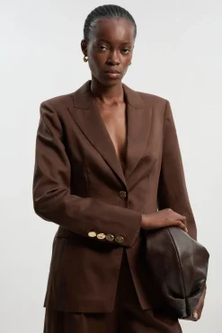 Blazer Ajusté en Lin à Simple Boutonnage