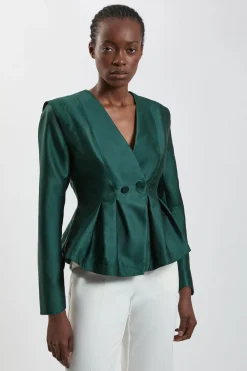 Blazer Ajusté En Satin Structuré À Basque Plissée