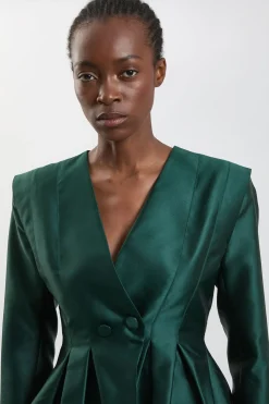 Blazer Ajusté En Satin Structuré À Basque Plissée