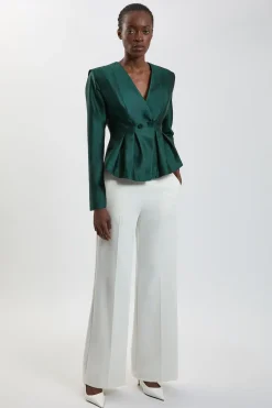 Blazer Ajusté En Satin Structuré À Basque Plissée