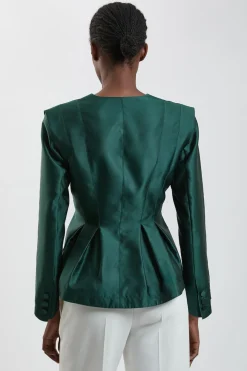 Blazer Ajusté En Satin Structuré À Basque Plissée
