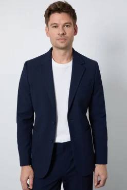 Blazer Ajusté En Seersucker Indigo Avec Poches Plaquées